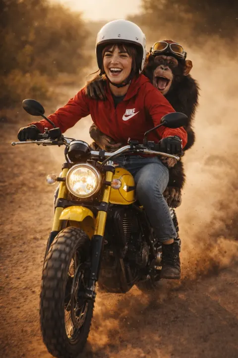 Cinematic Action Photo of a Joyful Woman Riding a Yellow Motorcycle with a Chimpanzee Companion