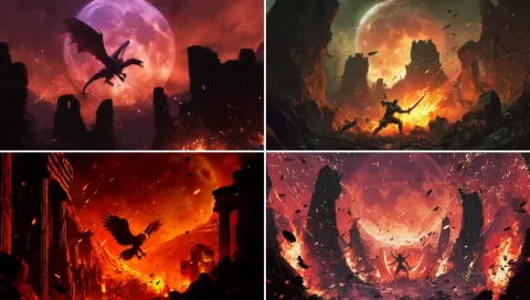 Cinematic Battle Scene: Subject in Ruins Under Blood Moon
