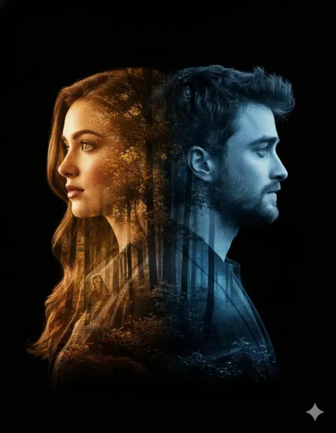 Cinematic Double-Exposure Portrait with Woman on Left and Man on Right