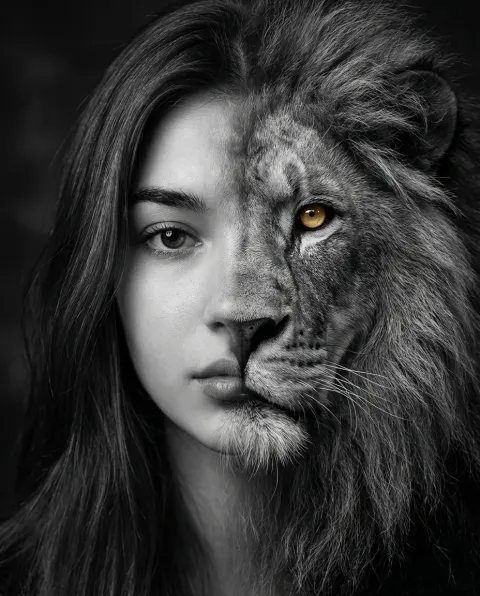 Cinematic Human-Lion Fusion Portrait: Ultra-Realistic Black and White