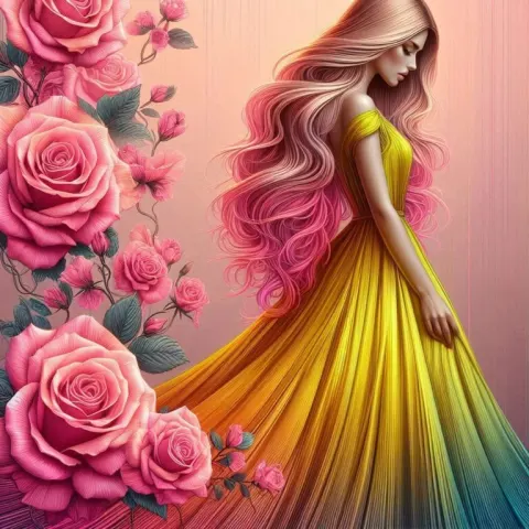 Beautiful Elegant Woman in Ombre Yellow-Pink Dress
