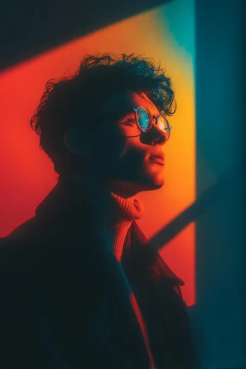 Cinematic Portrait with Geometric Light and Color Contrast