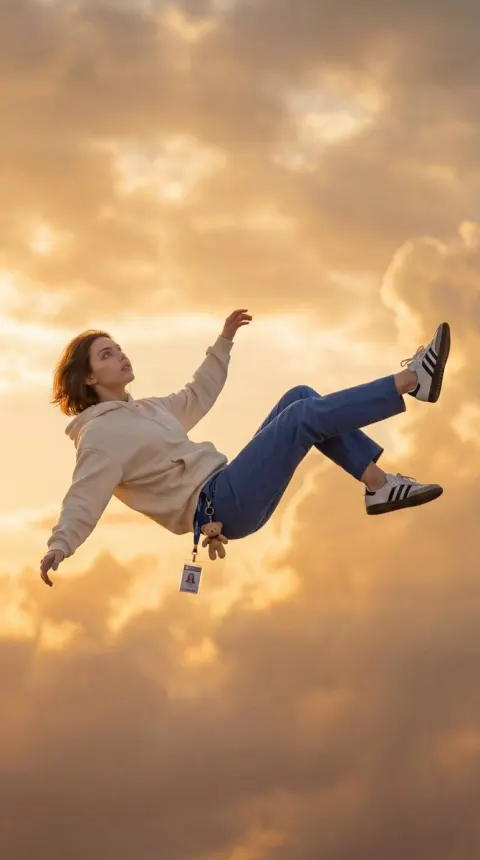 Cinematic shot of a girl falling through the sky