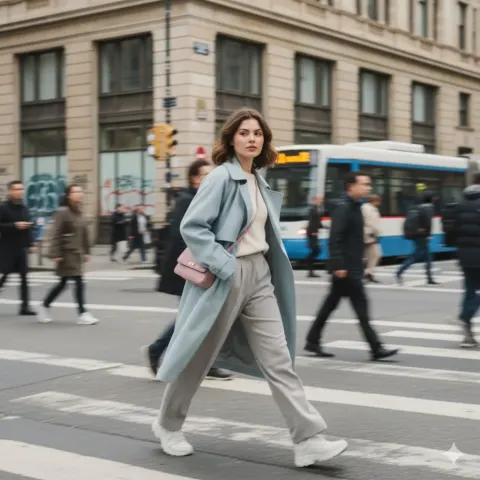 Cinematic Street Photography, Stylish Young Woman in Motion, Urban Environment, Motion Blur Effect