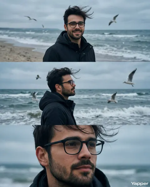 Cinematic Triptych Portrait on Windy Seaside