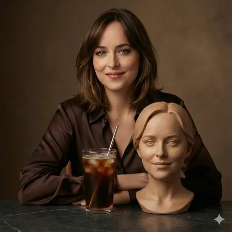 Cinematic Studio Portrait: Woman in Mocha Satin Shirt with Ceramic Bust Sculpture