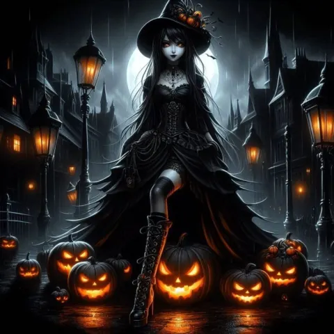Gothic Woman in Spooky Halloween Scene