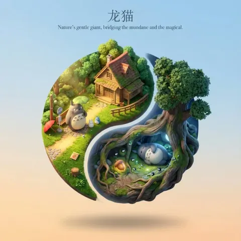 Clear, Floating 3D Cartoon Diorama Scene with Yin-Yang Layout