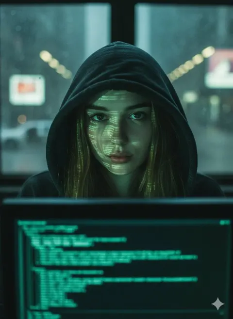Close-up portrait of a young woman in a dark hooded sweatshirt, reflecting green digital code on her face, set