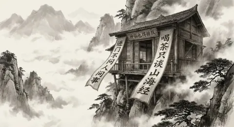 Combination of Ink wash painting and realistic photography: An ancient wooden tea house on the cliff