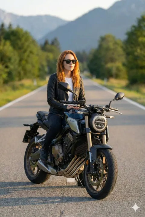 Confident Man on Modern Motorbike – Cinematic Portrait
