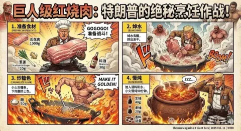 Cooking Process Diagram of Braised Pork with Trump as a Character