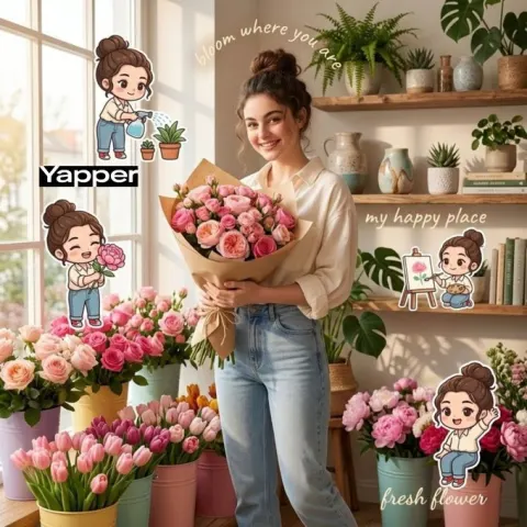 Cozy Flower Shop Scene with Chibi Characters