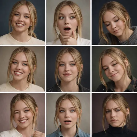 Create a 3×3 grid collage of studio portrait photographs featuring the same young woman with identical facial 