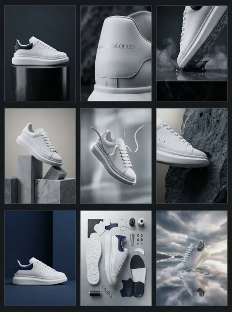Create a 3×3 grid for a high-end commercial marketing campaign using Alexander McQueen men's luxury sneaker as