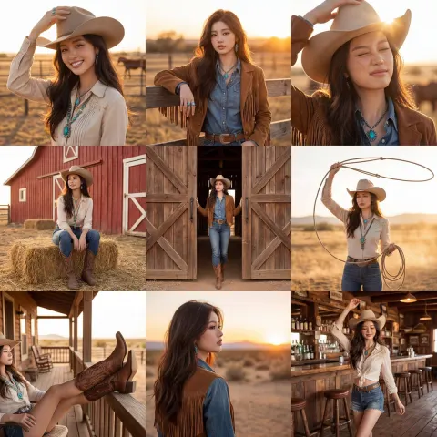 Create a 3x3 grid photo collage with American Western cowgirl aesthetics