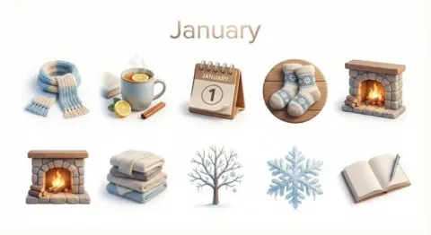 Create a collection of icons representing [Month] through objects, symbols, and moods.