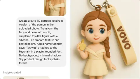 Create a cute 3D cartoon keychain version of the person in the uploaded photo