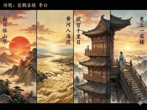 Create a Poetic Visual Composition Based on the Quatrain 'Deng Guan Que Lou'