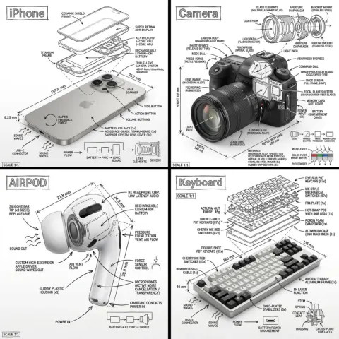 Create an infographic image of [OBJECT], combining a realistic photograph or photoreal render of the object wi