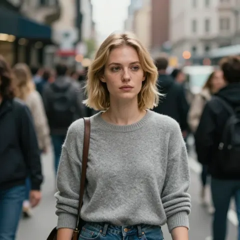 Create an ultra-realistic 8K candid street portrait capturing quiet emotion and authenticity within a crowded 