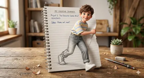 Creative 3D Illusion Art: Boy Stepping Out of Notebook