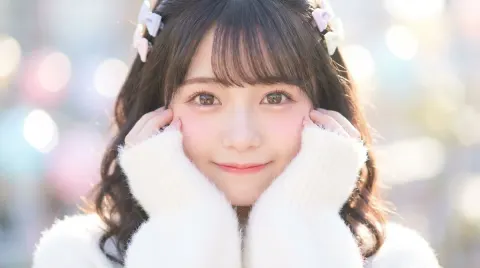Cute 18-year-old Japanese Girl in Close-up, Fluffy White Angora Sweater, Dreamy Pastel Background