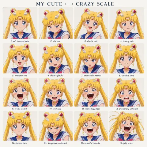 Cute Crazy Scale Anime Character Expression Sheet