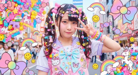 Cute East Asian Woman in Tokyo Street with Kawaii Pop Art