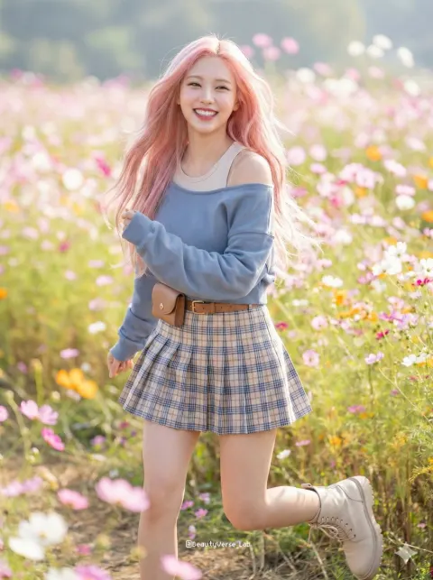 Cute K-pop girl running in flower field