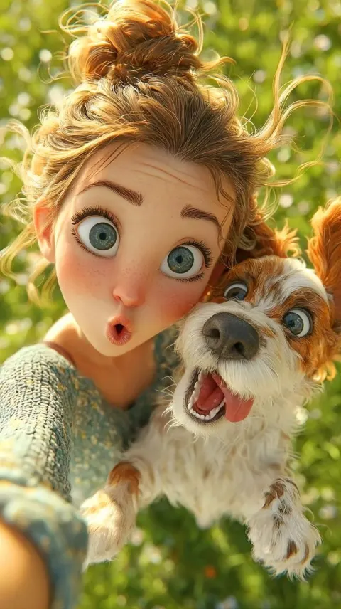 Cute Pixar-Style 3D Girl with Playful Dog Selfie