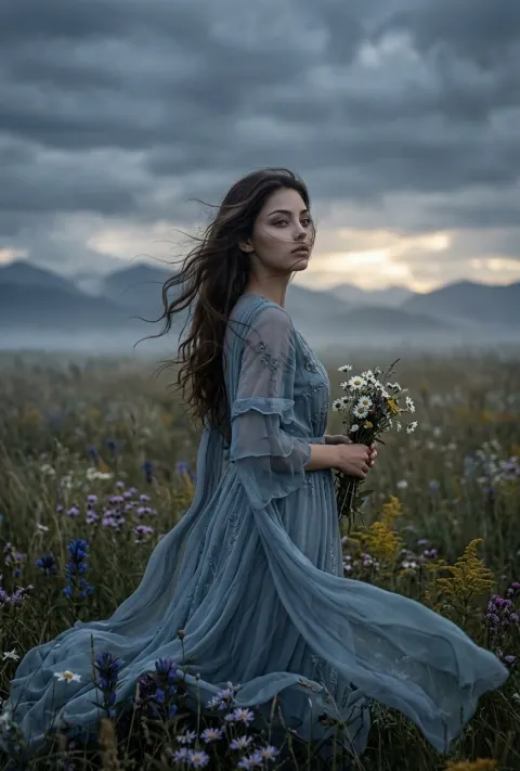 Dark Fantasy Meadow Portrait in Stormy Light