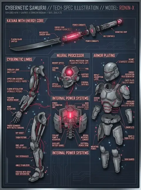 Detailed Technical Illustration of Cybernetic Samurai Exploded into Components