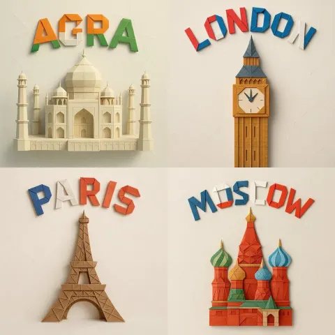 Digital photograph of intricate paper origami model representing (MONUMENT_NAME) with (CITY_NAME) in bold orig