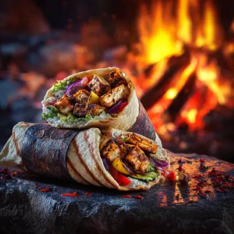 Dramatic Cinematic Food Photography Scene with Gourmet Grilled Wraps