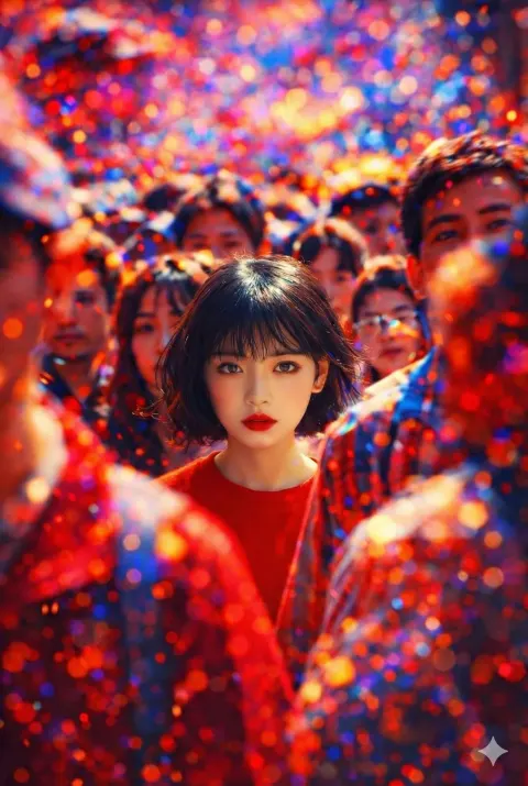 Dreamy Portrait of a Young Woman in Crowd