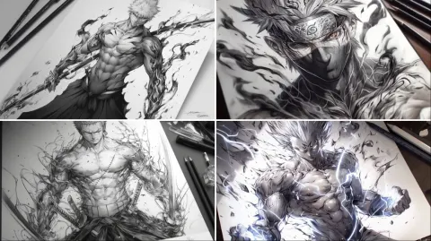 Dynamic Pose Pencil Drawing of a Muscular Character