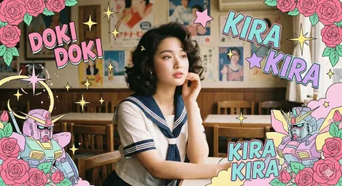East Asian woman in a nostalgic Japanese cafe