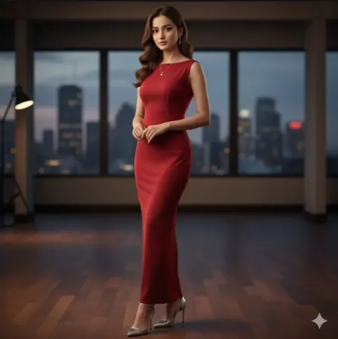 Elegant Red Dress Full-Body Studio Portrait