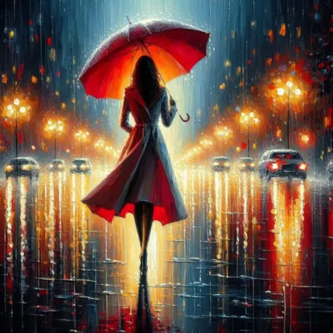 Beautiful Woman Painting Urban Rain Night