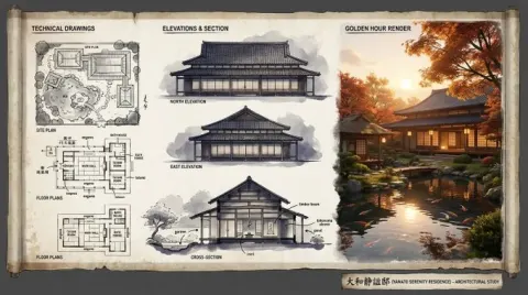 Expert Architectural Illustrator's Presentation Board for [STYLE] Residence Featuring [KEY ARCHITECTURAL ELEME