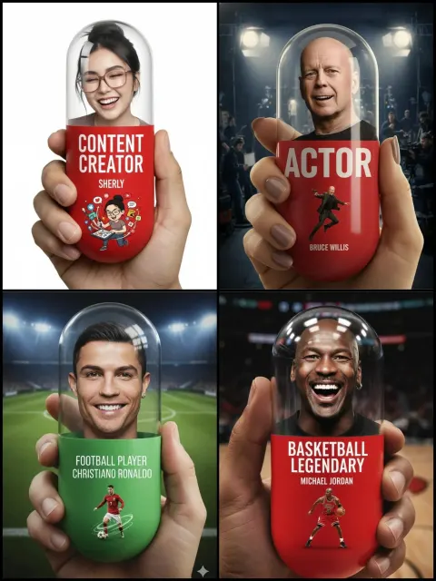 Extreme Close-up of a Giant Vertical Pill with Michael Jordan's Laughing Face