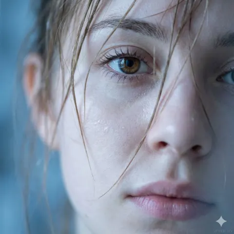Extreme close-up macro portrait of a young woman's face, focusing on one eye, nose, and lips