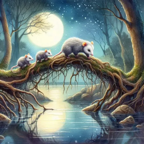Whimsical Possums on Tree Root Bridge