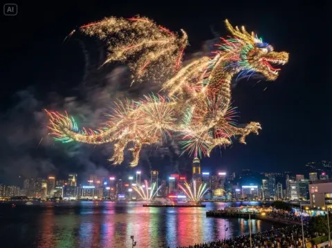 Fireworks form the shape of [SUBJECT] in the night sky above a waterfront city
