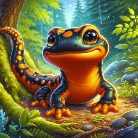 Adorable Cartoon Baby Salamander Storybook Forest Painting