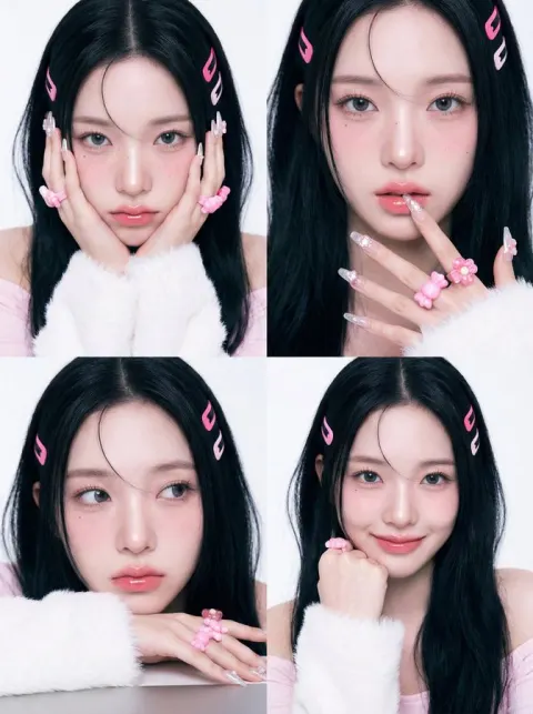 Four-panel collage of sweet girl close-ups, Korean magazine vibe