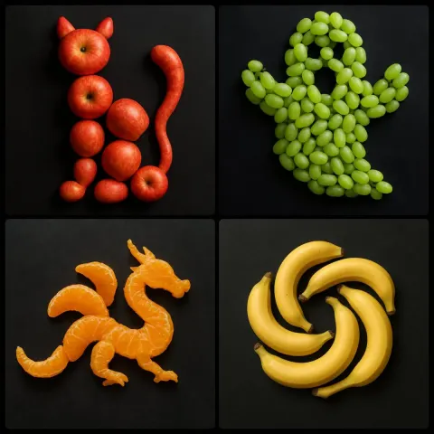 Fruit Arrangement Forming Specific Shape on Dark Surface