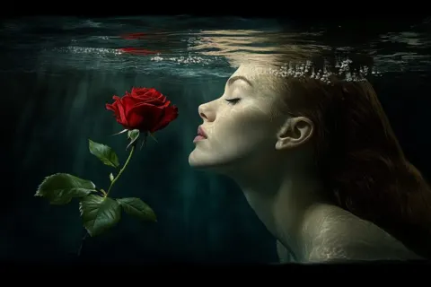 Serene Woman Underwater Gazing at Rose in Sunlit Water