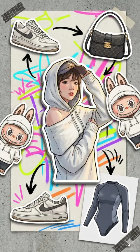 Full-screen Fashion Mood Board Illustration, Streetwear and Luxury Brand Combination